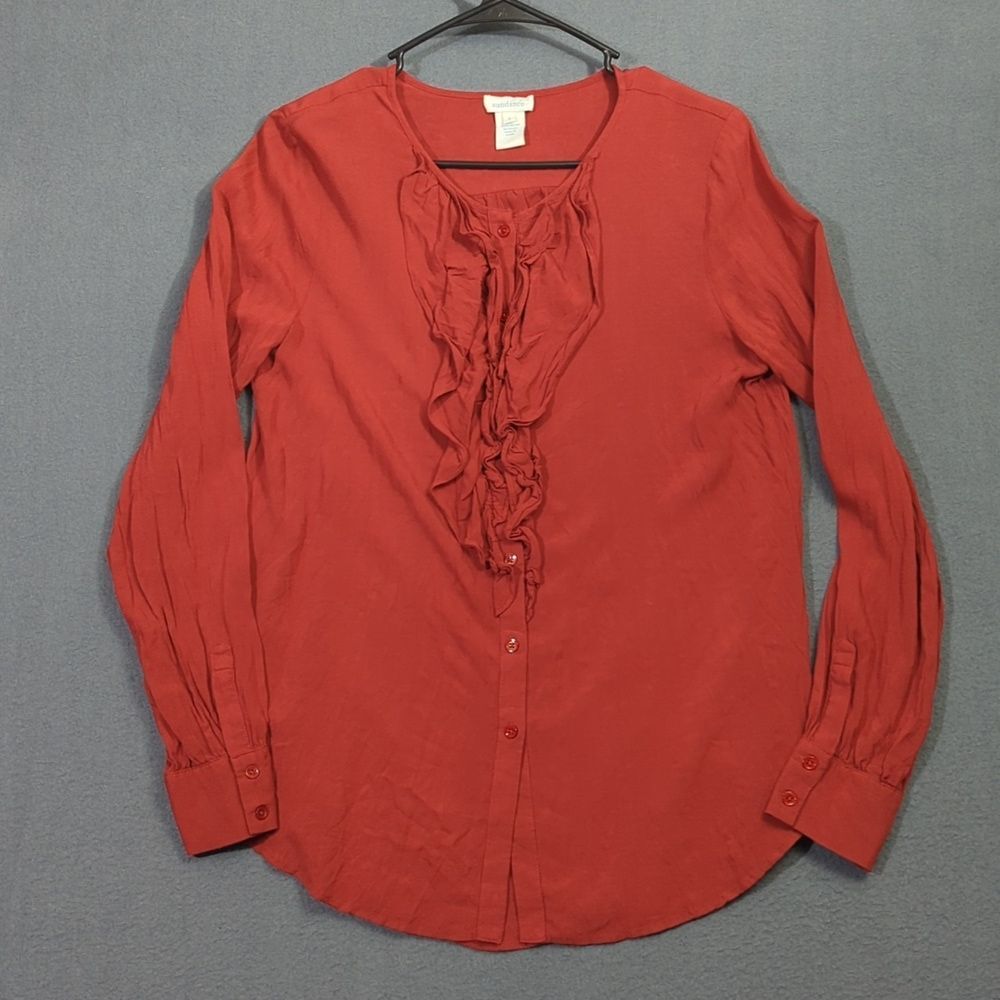 Sundance Top Women's S Red Rayon Ruffle Trim Long Sleeve Button Down Shirt Boho